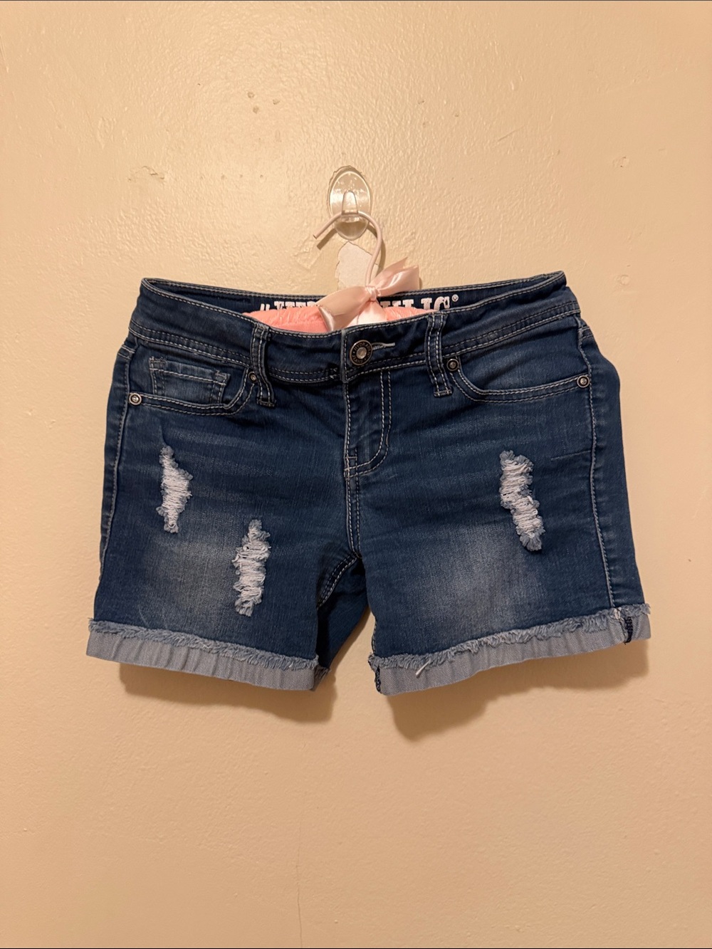 Hydraulic Medium Blue Distressed Rolled Hem Jean Shorts
